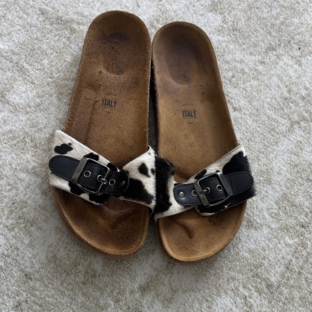 Anthropologie Seychelles Cow Print Slide Sandals with Black Buckles